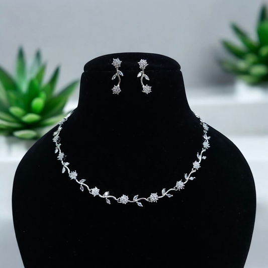 American Diamond Set - Crystal Bloom Silver Necklace - Semi Bridal | Festive | Daily Wear